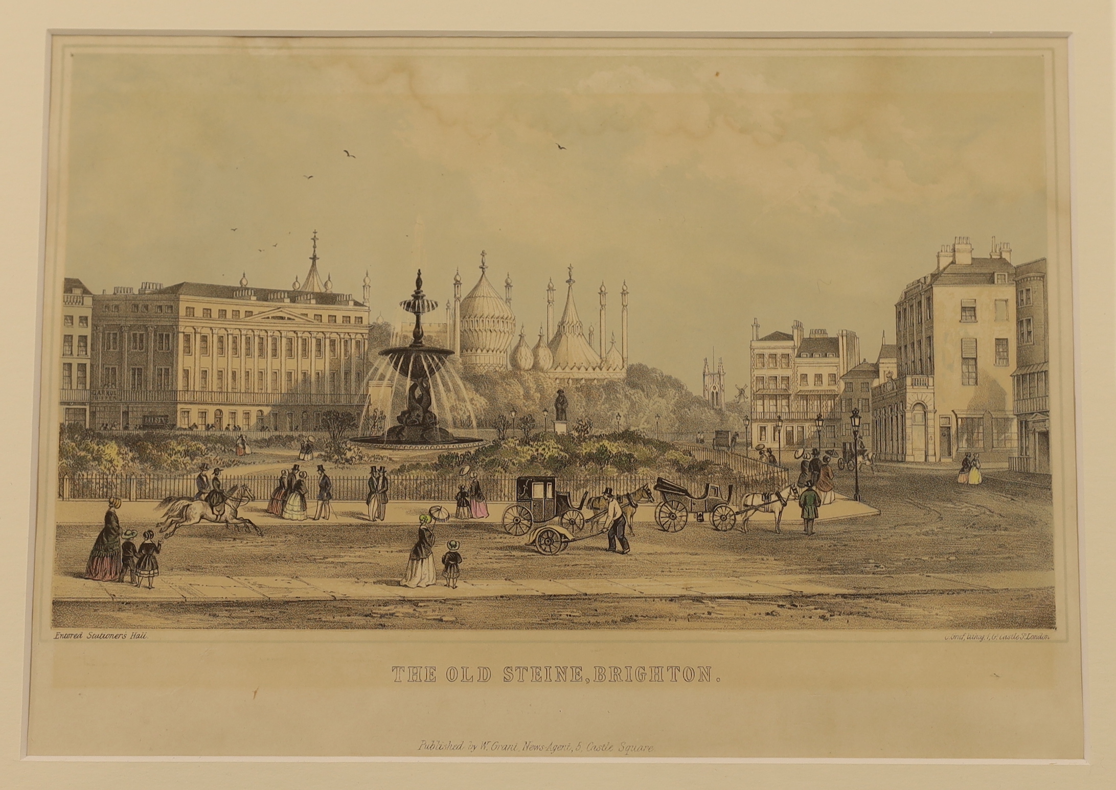 Eight 19th century engravings and prints of Brighton Pavilion and Old Steine, some hand coloured including A View of the Pavilion and Promenade, publ. 1849 by Mr Gavin Pocock, one after Humphry Repton, publ. 1808 by J C